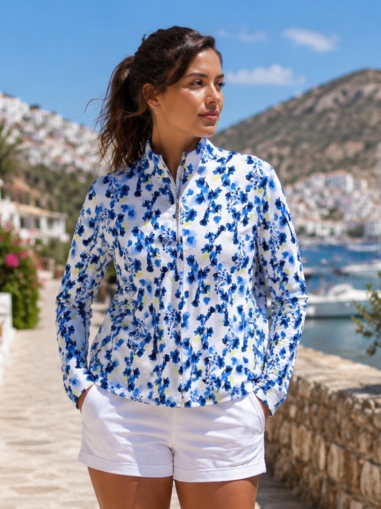 Lady Hagen Sweaters - 🩵Lady Hagen White Zip-Front Floral Turtleneck Sweater with Blue Accents